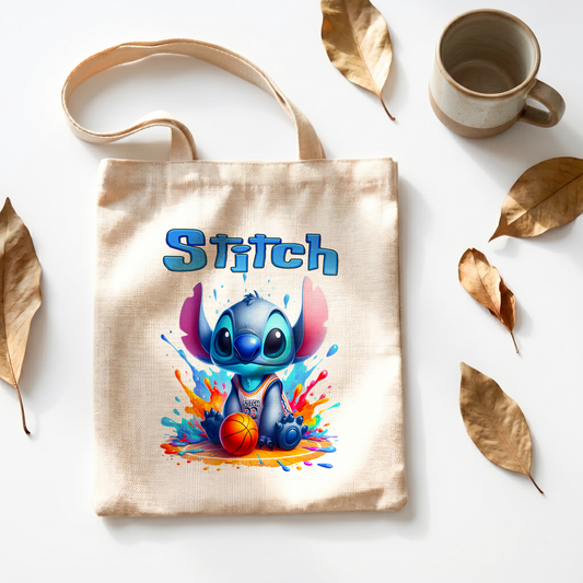 Stitch Basketball Personalized Linen Tote Bag - Custom Name (35x45cm) | Eco-Friendly Sports Fan Shopper & Everyday Carrier