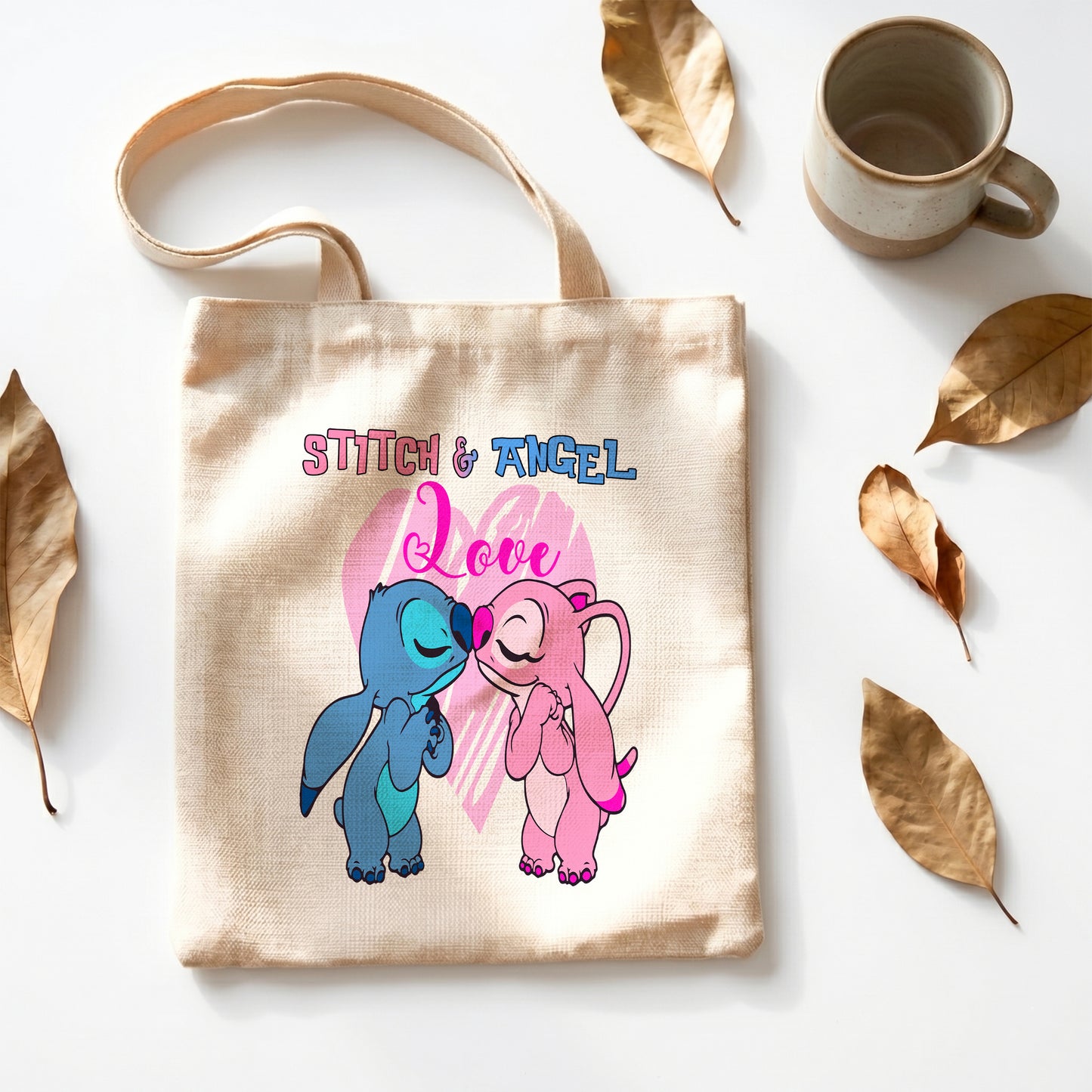 Stitch & Angel Love Linen Tote Bag - Custom Name (35x45cm) | Eco-Friendly Lightweight Shopping & Everyday Carrier