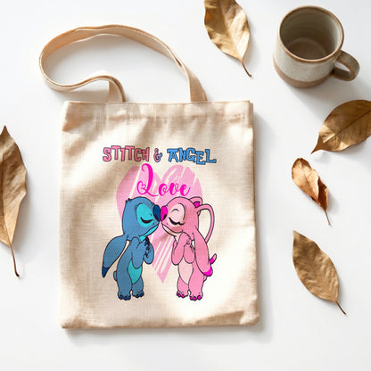 Stitch & Angel Love Linen Tote Bag - Custom Name (35x45cm) | Eco-Friendly Lightweight Shopping & Everyday Carrier