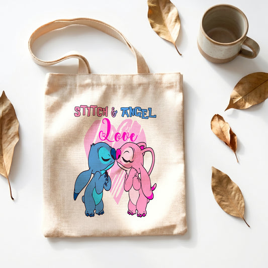 Stitch & Angel Love Linen Tote Bag - Custom Name (35x45cm) | Eco-Friendly Lightweight Shopping & Everyday Carrier