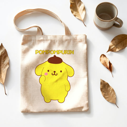 Pompompurin Sanrio Linen Tote Bag - Custom Name (35x45cm) | Eco-Friendly Lightweight Shopping & Everyday Carrier