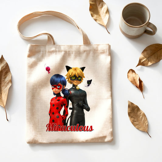 Miraculous Ladybug & Cat Noir Linen Tote Bag - Custom Name (35x45cm) | Eco-Friendly Lightweight Shopping & Everyday Carrier