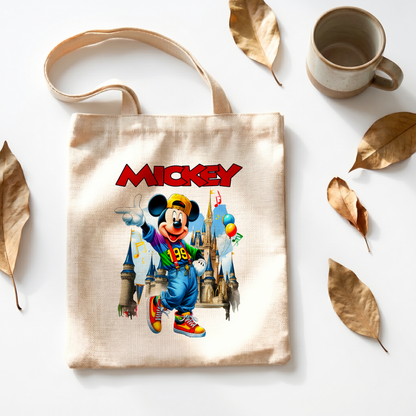 Retro Mickey Mouse Linen Tote Bag - Custom Name (35x45cm) | Eco-Friendly Lightweight Shopping & Everyday Carrier