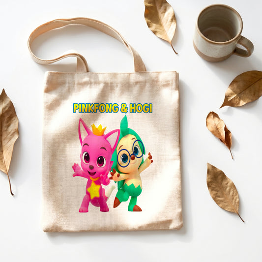 Pinkfong & Hogi Linen Tote Bag - Custom Name (35x45cm) | Eco-Friendly Lightweight Shopping & Everyday Carrier