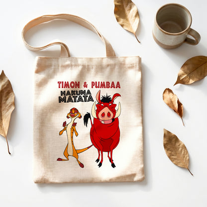 Timon & Pumbaa Hakuna Matata Linen Tote Bag - Custom Name (35x45cm) | Eco-Friendly Lightweight Shopping & Everyday Carrier