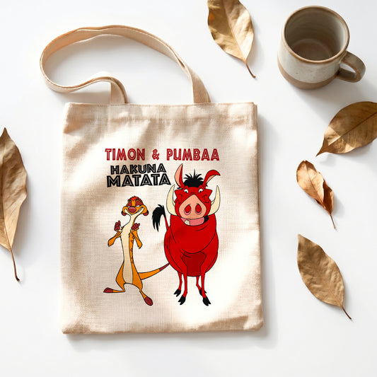 Timon & Pumbaa Hakuna Matata Linen Tote Bag - Custom Name (35x45cm) | Eco-Friendly Lightweight Shopping & Everyday Carrier