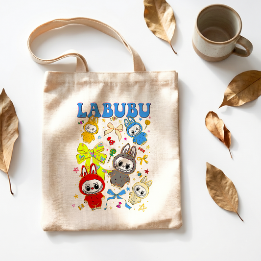 Labubu Blue Bows Linen Tote Bag - Custom Name (35x45cm) | Eco-Friendly Lightweight Shopping & Everyday Carrier