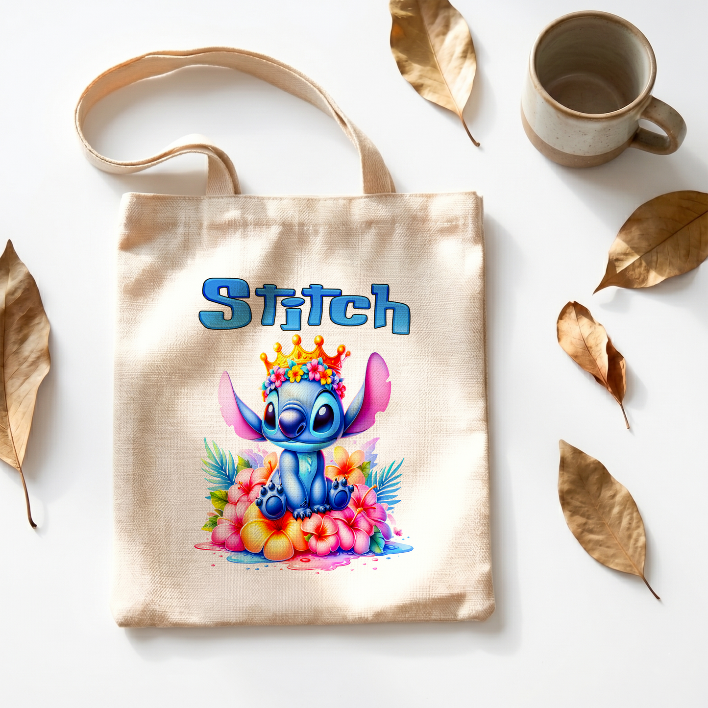 Stitch with Flower Crown & Tropical Hibiscus Linen Tote Bag - Custom Name (35x45cm) | Eco-Friendly Aloha Spirit Shopper