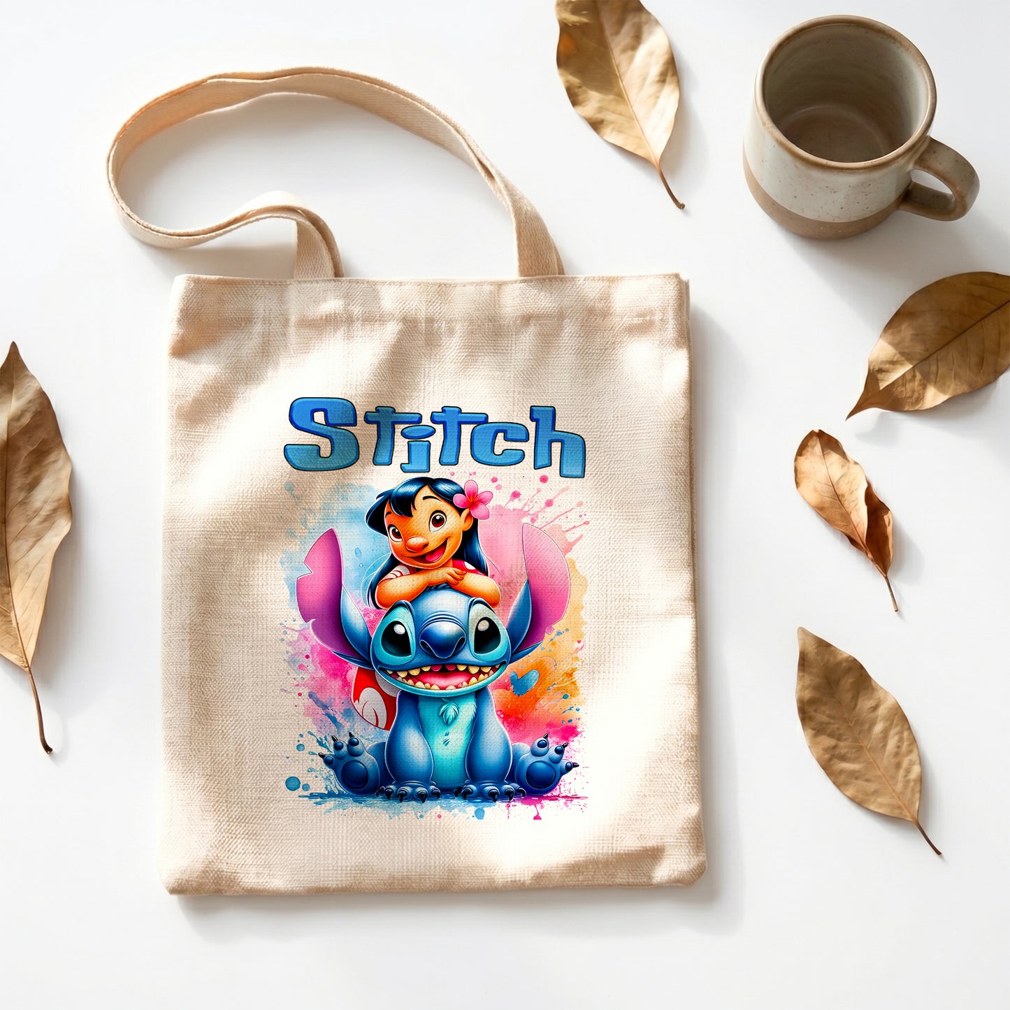 Stitch and Lilo Hug Personalized Linen Tote Bag - Custom Name (35x45cm) | Eco-Friendly Best Friends Shopper & Everyday Carrier