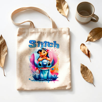 Stitch and Lilo Hug Personalized Linen Tote Bag - Custom Name (35x45cm) | Eco-Friendly Best Friends Shopper & Everyday Carrier