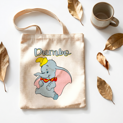 Dumbo Flying Elephant Linen Tote Bag - Custom Name (35x45cm) | Eco-Friendly Lightweight Shopping & Everyday Carrier