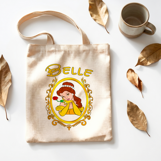 Princess Belle Linen Tote Bag - Custom Name (35x45cm) | Eco-Friendly Lightweight Shopping & Everyday Carrier