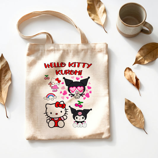 Hello Kitty & Kuromi Linen Tote Bag - Custom Name (35x45cm) | Eco-Friendly Lightweight Shopping & Everyday Carrier