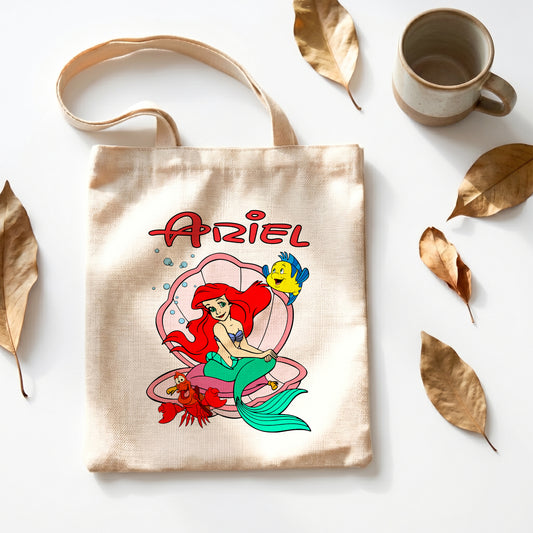 Princess Ariel Linen Tote Bag - Custom Name (35x45cm) | Eco-Friendly Lightweight Shopping & Everyday Carrier