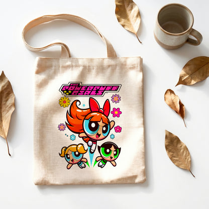 The Powerpuff Girls Linen Tote Bag - Custom Name (35x45cm) | Eco-Friendly Lightweight Shopping & Everyday Carrier