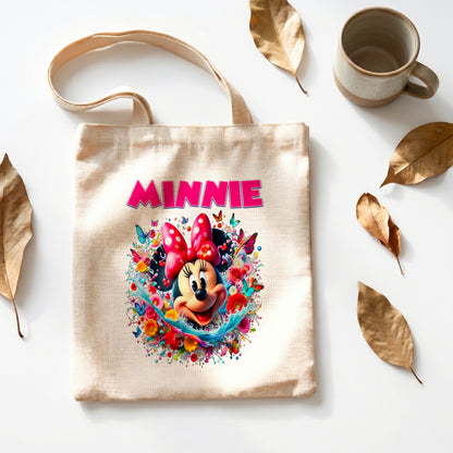 Minnie Mouse Floral Splash Linen Tote Bag - Custom Name (35x45cm) | Eco-Friendly Lightweight Shopping & Everyday Carrier