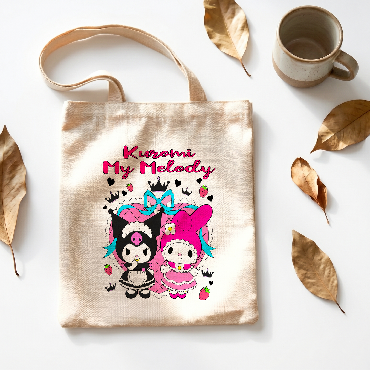 Kuromi & My Melody Linen Tote Bag - Custom Name (35x45cm) | Eco-Friendly Lightweight Shopping & Everyday Carrier