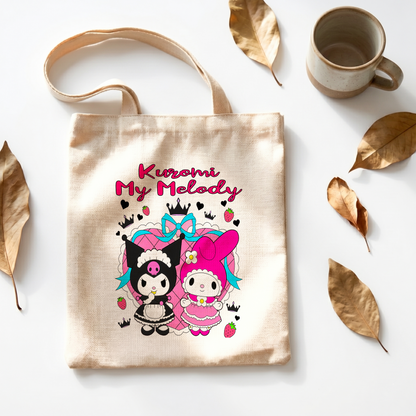 Kuromi & My Melody Linen Tote Bag - Custom Name (35x45cm) | Eco-Friendly Lightweight Shopping & Everyday Carrier