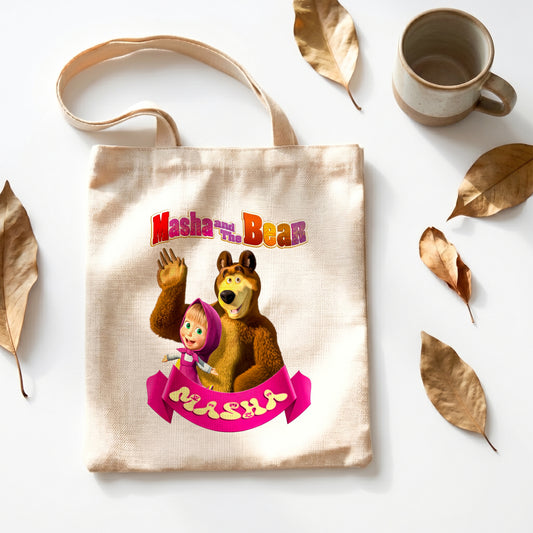 Masha and the Bear Linen Tote Bag - Custom Name (35x45cm) | Eco-Friendly Lightweight Shopping & Everyday Carrier