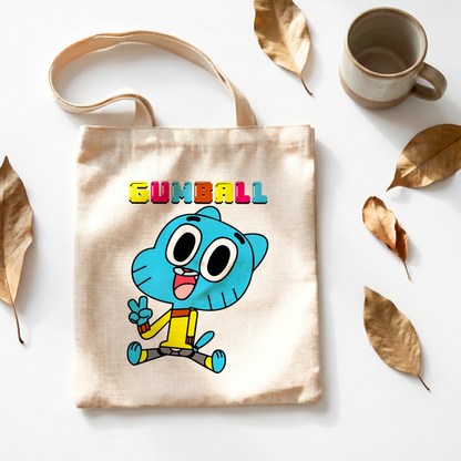 Gumball Blue Cat Linen Tote Bag - Custom Name (35x45cm) | Eco-Friendly Lightweight Shopping & Everyday Carrier
