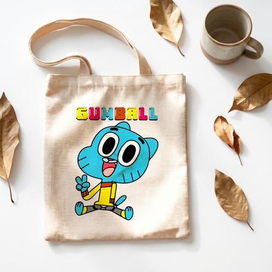 Gumball Blue Cat Linen Tote Bag - Custom Name (35x45cm) | Eco-Friendly Lightweight Shopping & Everyday Carrier