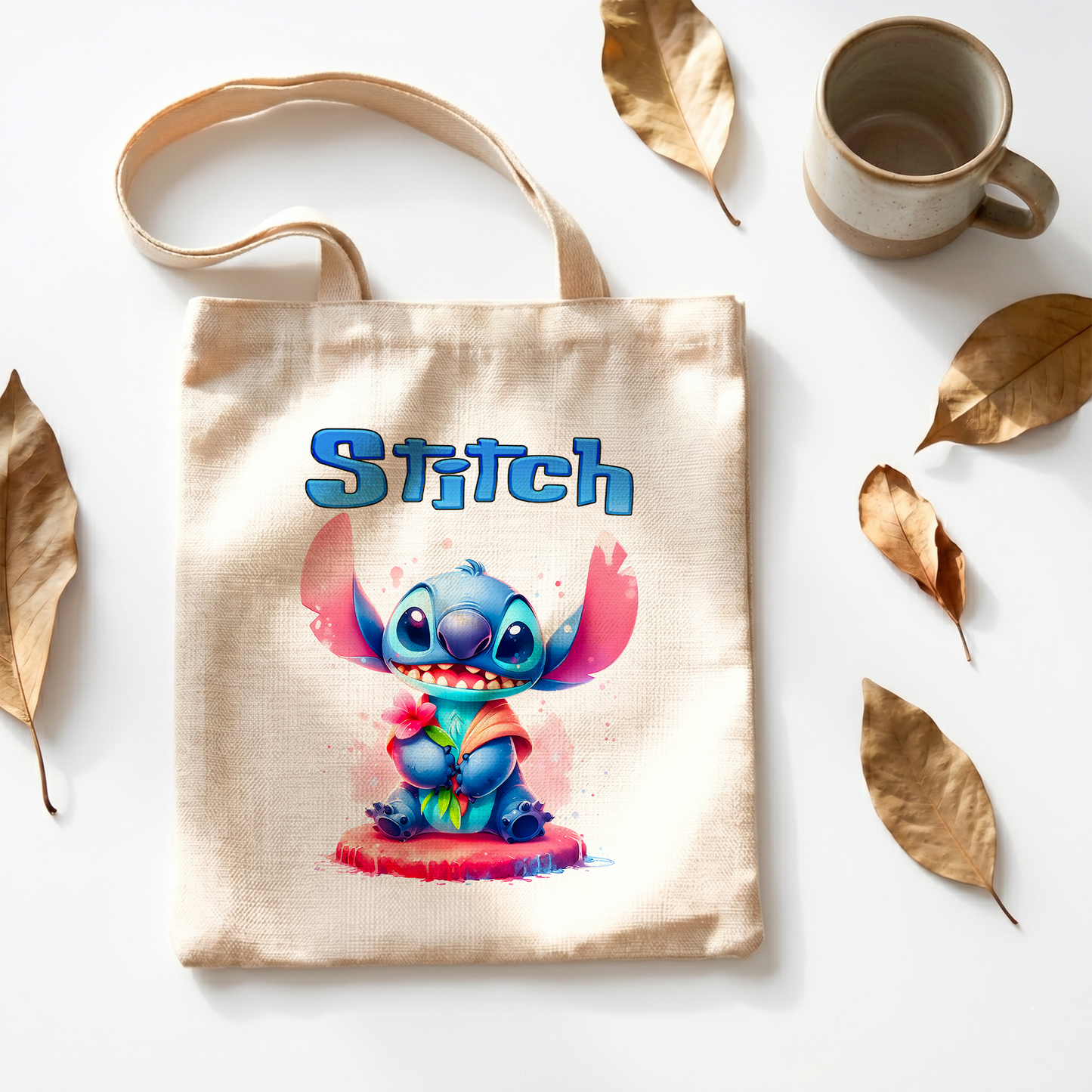 Stitch with Watercolor Flower Personalized Linen Tote Bag - Custom Name (35x45cm) | Eco-Friendly Botanical Shopper & Gift