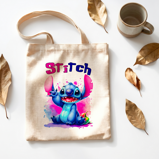 Stitch Waving Personalized Linen Tote Bag - Custom Name (35x45cm) | Eco-Friendly Friendly Hello Shopper & everyday Carrier