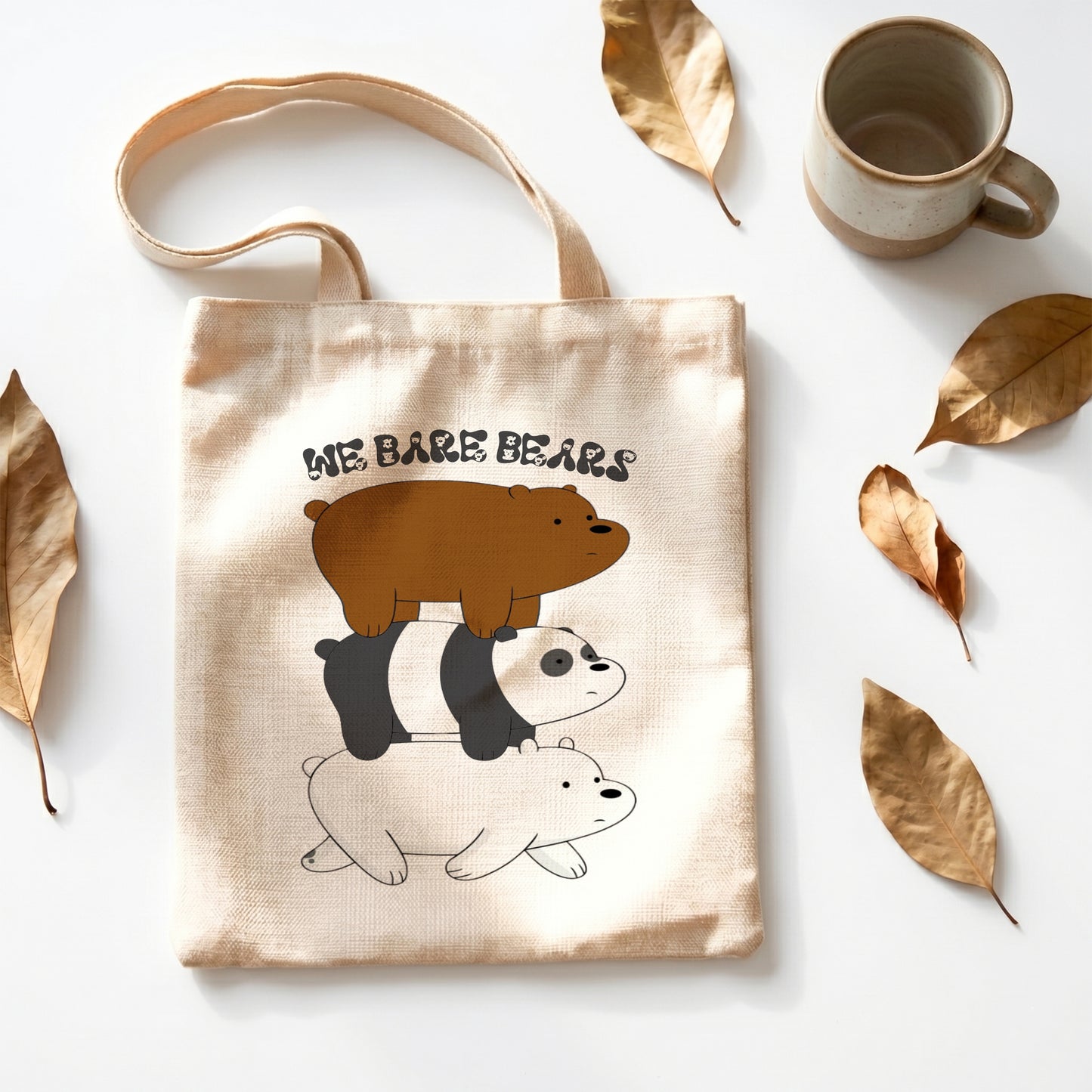 We Bare Bears Stack Linen Tote Bag - Custom Name (35x45cm) | Eco-Friendly Lightweight Shopping & Everyday Carrier