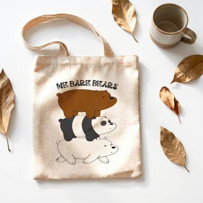 We Bare Bears Stack Linen Tote Bag - Custom Name (35x45cm) | Eco-Friendly Lightweight Shopping & Everyday Carrier