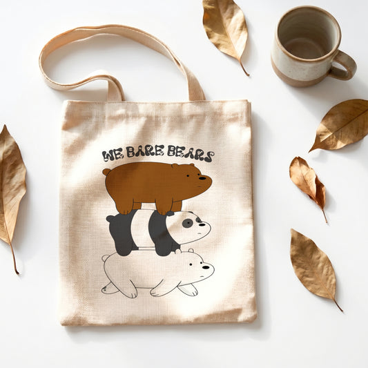 We Bare Bears Stack Linen Tote Bag - Custom Name (35x45cm) | Eco-Friendly Lightweight Shopping & Everyday Carrier