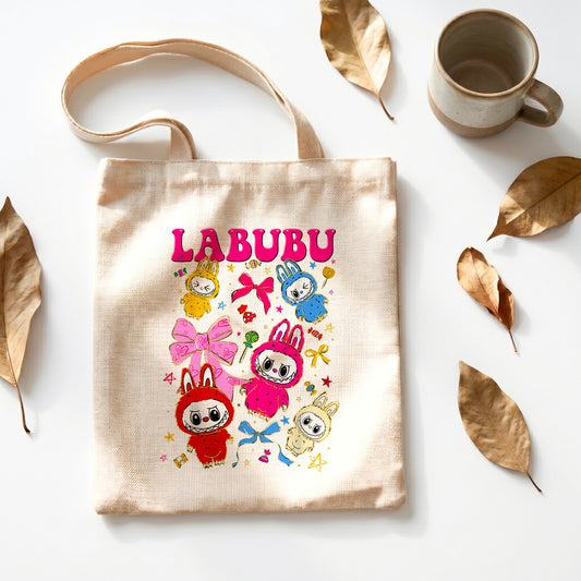 Labubu Pink Bows Linen Tote Bag - Custom Name (35x45cm) | Eco-Friendly Lightweight Shopping & Everyday Carrier