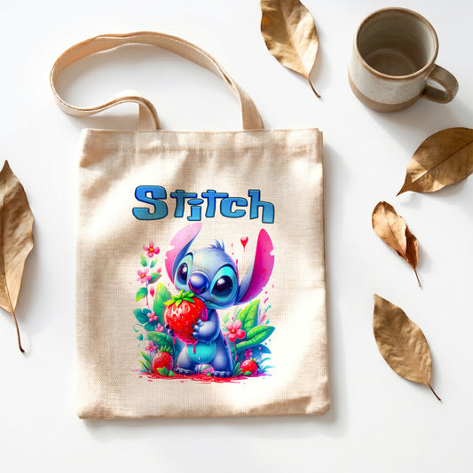 Stitch Eating Strawberry Personalized Linen Tote Bag - Custom Name (35x45cm) | Eco-Friendly Sweet Treats Shopper