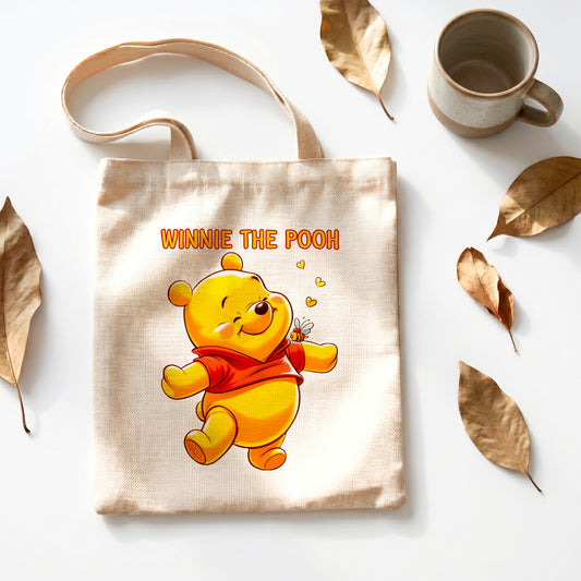 Winnie the Pooh Bear Linen Tote Bag - Custom Name (35x45cm) | Eco-Friendly Lightweight Shopping & Everyday Carrier