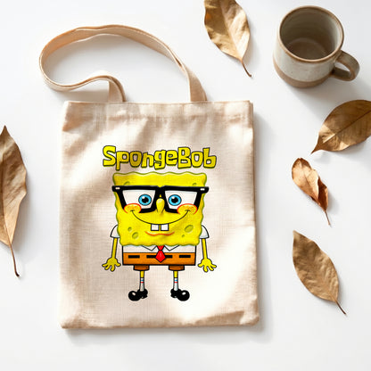 SpongeBob SquarePants Glasses Linen Tote Bag - Custom Name (35x45cm) | Eco-Friendly Lightweight Shopping & Everyday Carrier