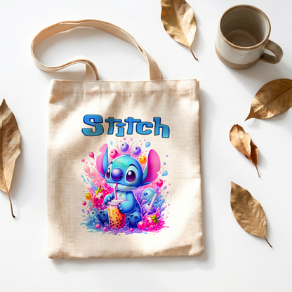 Stitch Tropical Fruit Drink Personalized Linen Tote Bag - Custom Name (35x45cm) | Eco-Friendly Bubble Tea Lover Shopper