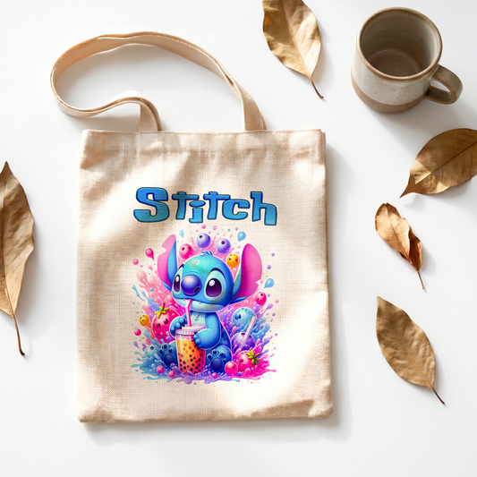 Stitch Tropical Fruit Drink Personalized Linen Tote Bag - Custom Name (35x45cm) | Eco-Friendly Bubble Tea Lover Shopper