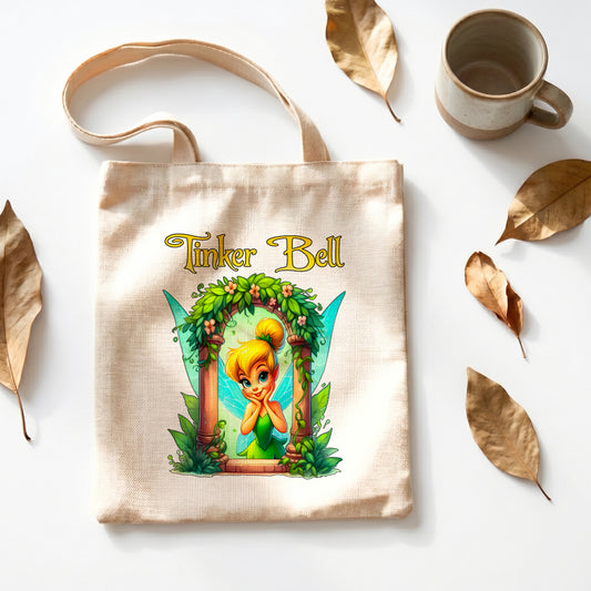 Tinker Bell Fairy Linen Tote Bag - Custom Name (35x45cm) | Eco-Friendly Lightweight Shopping & Everyday Carrier