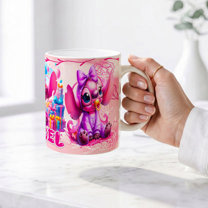 Angel Happy Birthday Premium Ceramic Mug - Custom Name (11oz) | Microwave & Dishwasher Safe Coffee Cup