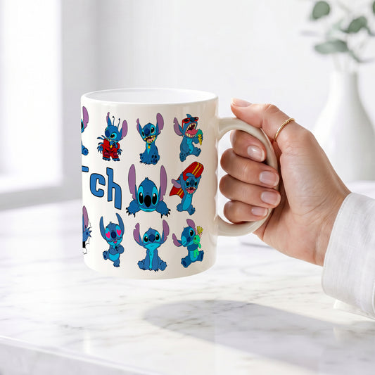 Stitch Expressions Collage Premium Ceramic Mug - Custom Name (11oz) | Microwave & Dishwasher Safe Coffee Cup