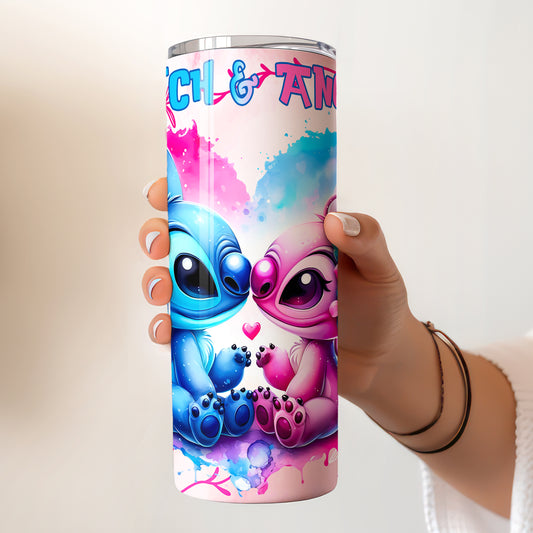 Stitch & Angel Watercolor Hearts Skinny Tumbler - Custom Name (20oz) | Insulated Stainless Steel Travel Cup