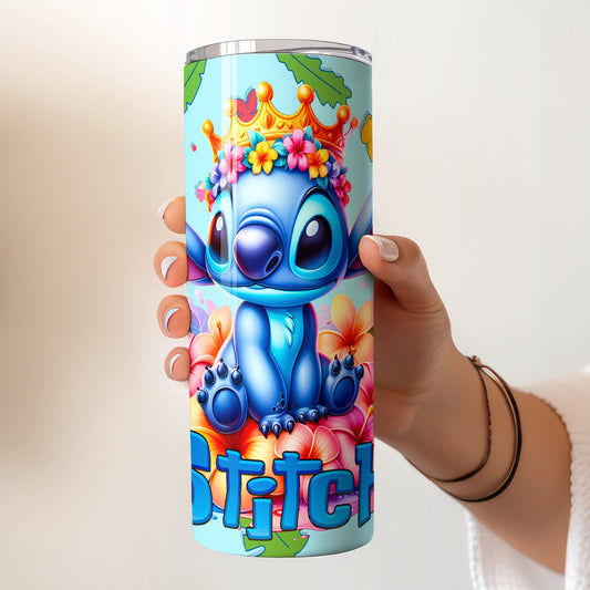 Stitch Tropical Flower Crown Skinny Tumbler - Custom Name (20oz) | Insulated Stainless Steel Travel Cup