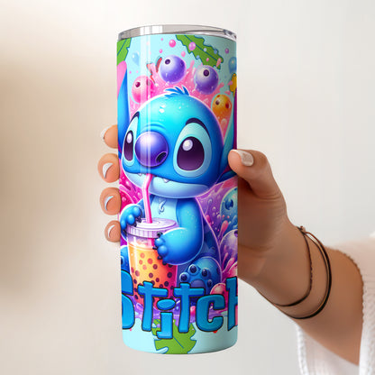 Stitch Boba Tea Splash Skinny Tumbler - Custom Name (20oz) | Insulated Stainless Steel Travel Cup
