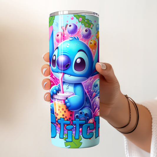 Stitch Boba Tea Splash Skinny Tumbler - Custom Name (20oz) | Insulated Stainless Steel Travel Cup
