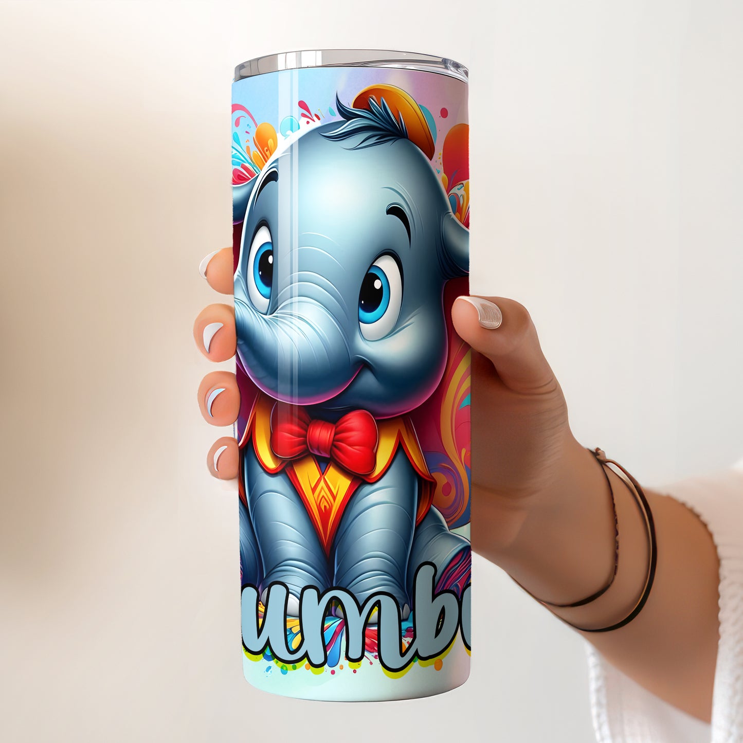 Dumbo Colorful Paint Splash Skinny Tumbler - Custom Name (20oz) | Insulated Stainless Steel Travel Cup