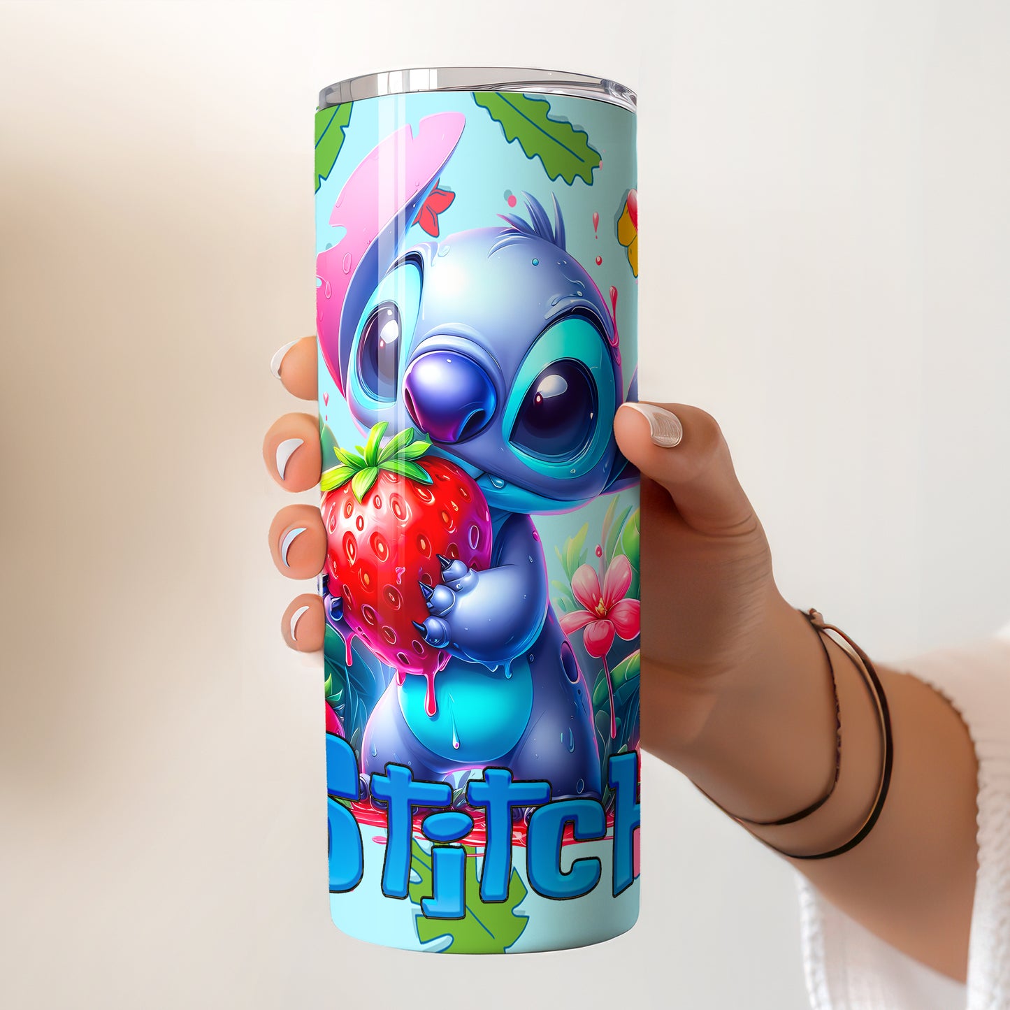 Stitch Giant Strawberry Skinny Tumbler - Custom Name (20oz) | Insulated Stainless Steel Travel Cup