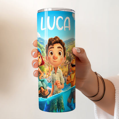 Luca Italian Riviera Sea Monster Skinny Tumbler - Custom Name (20oz) | Insulated Stainless Steel Travel Cup