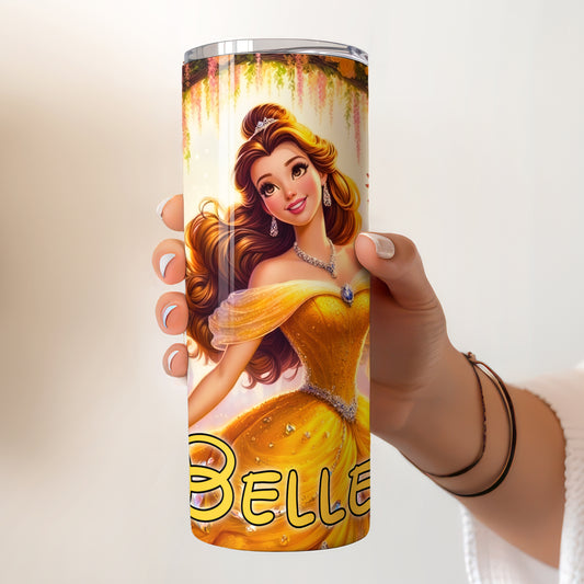 Princess Belle Floral Skinny Tumbler - Custom Name (20oz) | Insulated Stainless Steel Travel Cup