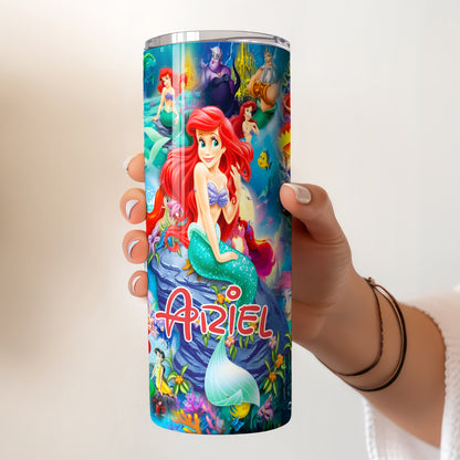 Ariel The Little Mermaid Collage Skinny Tumbler - Custom Name (20oz) | Insulated Stainless Steel Travel Cup
