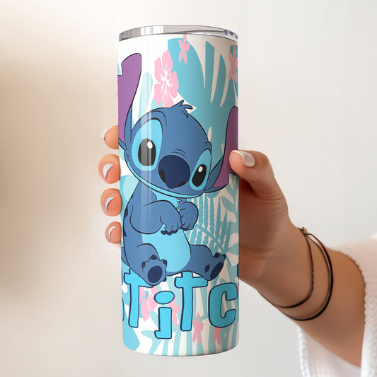 Stitch Tropical Leaves Skinny Tumbler - Custom Name (20oz) | Insulated Stainless Steel Travel Cup