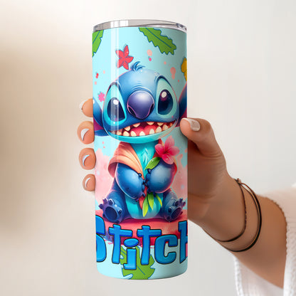 Stitch Pink Flower Skinny Tumbler - Custom Name (20oz) | Insulated Stainless Steel Travel Cup